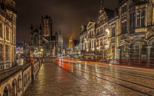 Man Made Ghent Towns Belgium Town Street Night Time-Lapse Building HD Wallpaper | Background Image