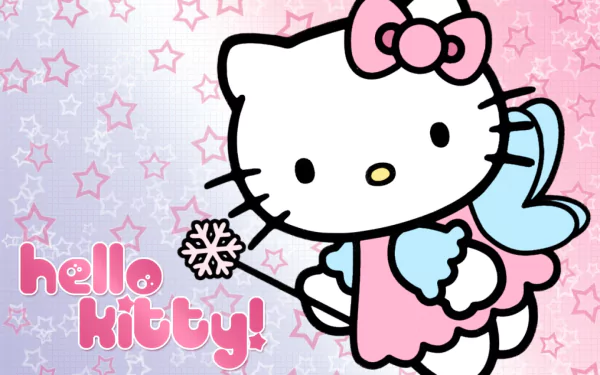 Hello Kitty HD desktop wallpaper featuring the beloved anime character in pink and blue, holding a snowflake, with a starry background.