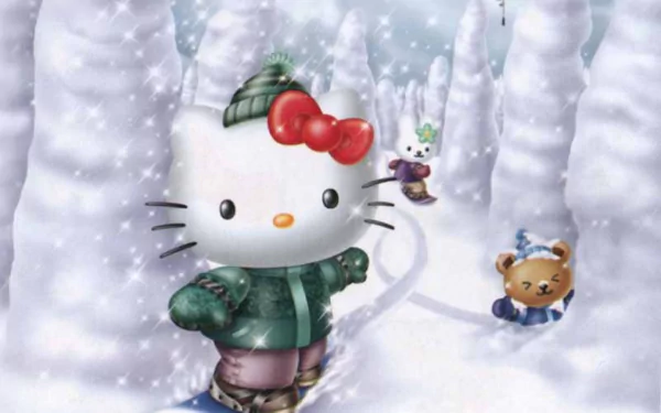 HD wallpaper featuring Hello Kitty in a snowy landscape, accompanied by a bear and another character, all dressed warmly. The anime-style artwork adds a whimsical touch to the winter scene.