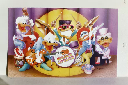 HD desktop wallpaper featuring Donald Duck and other Disney characters playing musical instruments on stage in a lively and colorful scene.