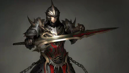 4K Ultra HD desktop wallpaper featuring a warrior from the video game Atlantica Online, clad in dark, spiked armor wielding a large, glowing sword.