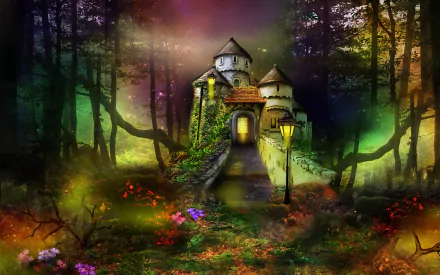 HD desktop wallpaper featuring a mystical castle in an enchanted forest setting with colorful lights and vibrant flowers.