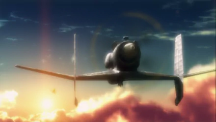 HD PC desktop wallpaper featuring a dramatic sky scene from the anime The Sky Crawlers, showcasing a fighter plane flying amidst glowing clouds at sunset.