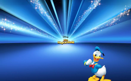 An HD desktop wallpaper featuring Donald Duck from Disney's movie The Magical World, with a vibrant blue background adorned with sparkling stars.