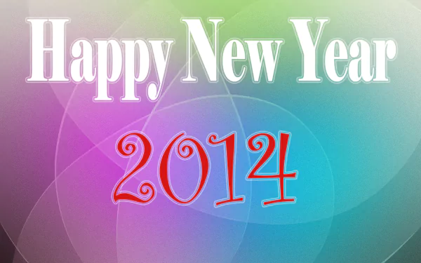 Colorful 2K Quad HD PC desktop wallpaper/background: translucent overlapping circles with Happy New Year heading and red 2014 numerals — holiday New Year 2014 design.