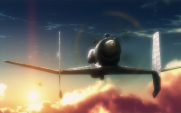 HD PC desktop wallpaper featuring a dramatic sky scene from the anime The Sky Crawlers, showcasing a fighter plane flying amidst glowing clouds at sunset.