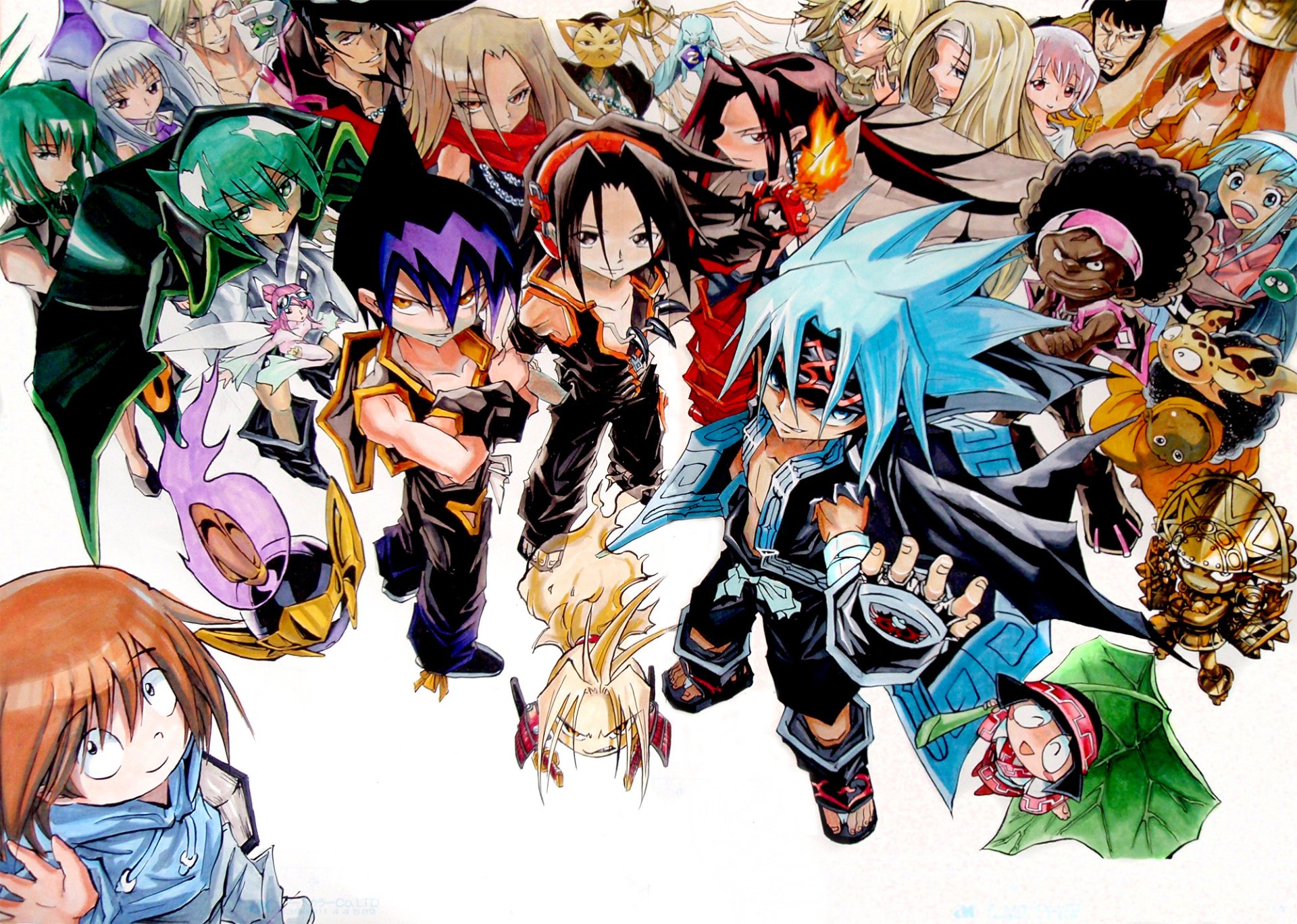 HD PC desktop wallpaper featuring vibrant characters from the anime Shaman King in dynamic poses against a white background.