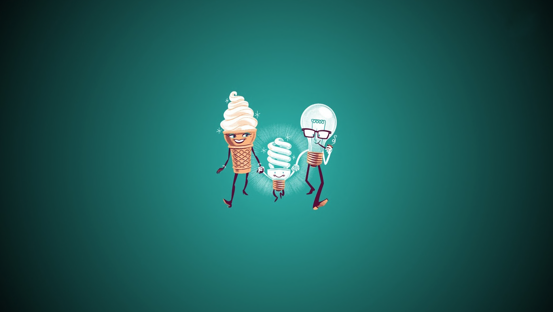 HD PC desktop wallpaper featuring a funny, loving family of ice cream cones with smiling faces and glasses on a teal background.