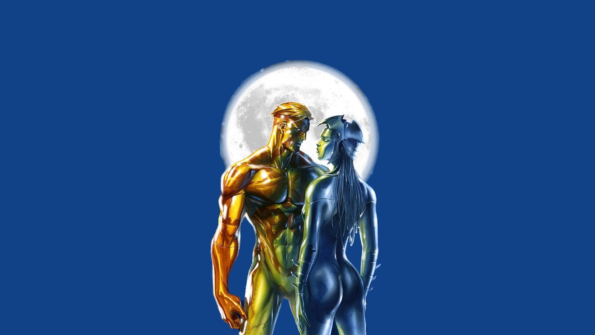 HD PC desktop wallpaper of comic hero Captain Atom in metallic gold facing a blue metallic female figure, moonlit silhouettes against a deep blue background.