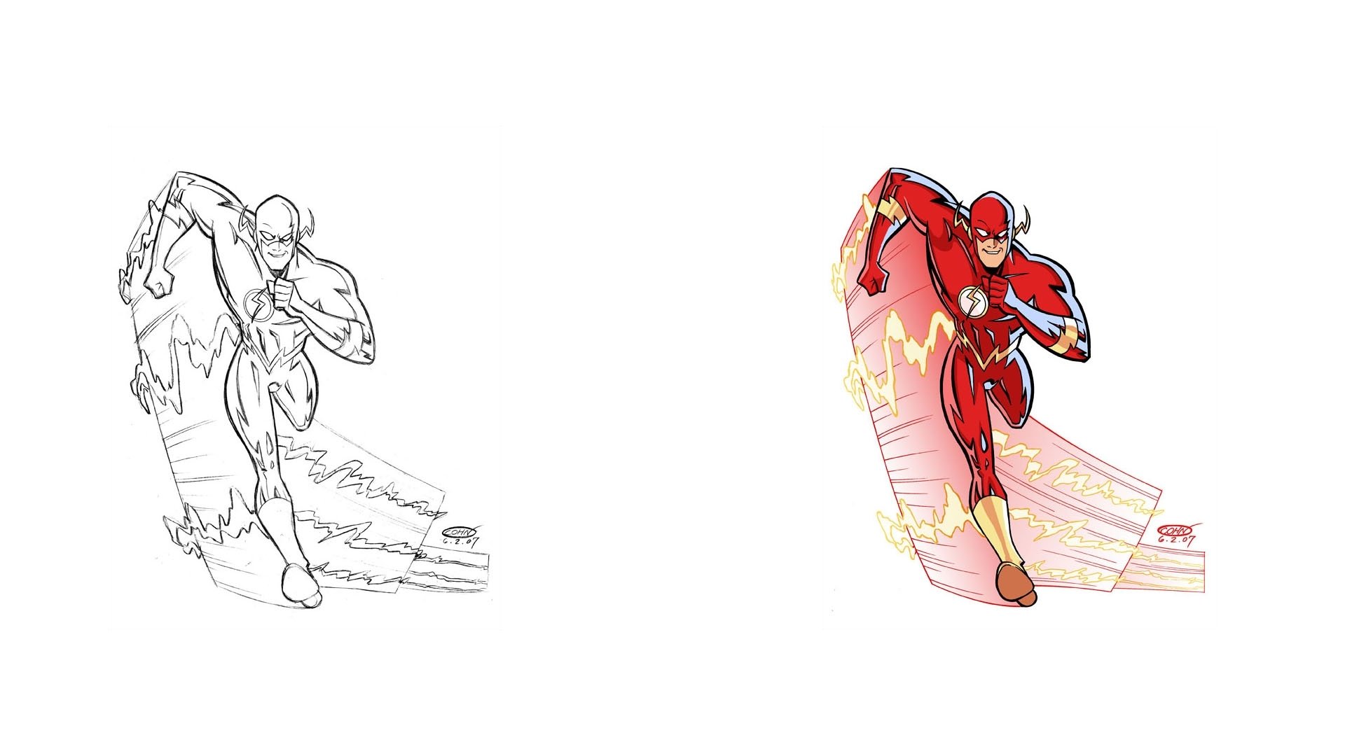 HD PC desktop wallpaper of DC Comics Wally West as the Flash: left pencil sketch, right full-color illustration of him sprinting with dynamic lightning speed trails.