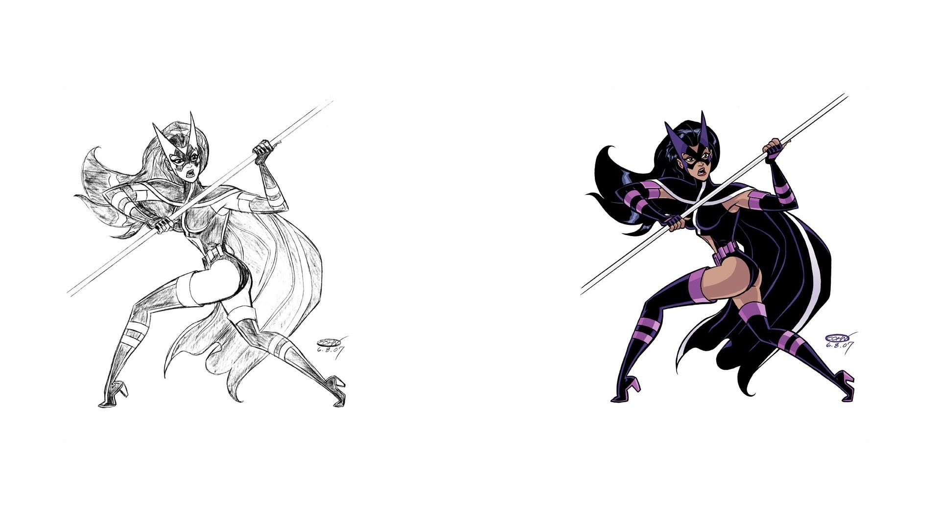 A dynamic digital wallpaper featuring the Huntress from DC Comics in vibrant colors, showcasing her fierce hunting skills with a spear, alongside a black-and-white sketch version.