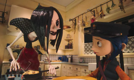 HD PC desktop wallpaper featuring a scene from the movie Coraline with Coraline and the Other Mother in a dimly lit kitchen.