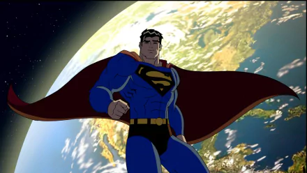 HD PC desktop wallpaper featuring Superman soaring above Earth, inspired by the movie Superman/Batman: Public Enemies.