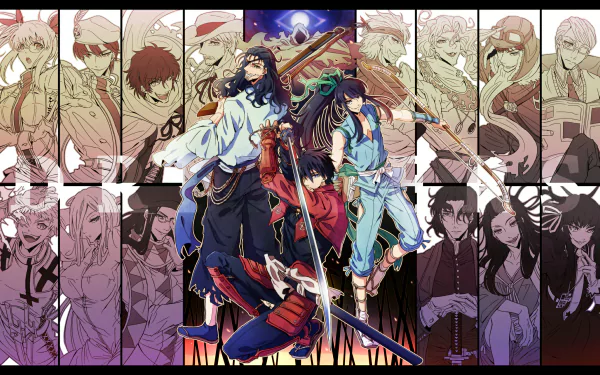 An HD desktop wallpaper featuring characters from the anime Drifters, showcasing a dynamic composition with vibrant colors and intricate character designs in the background.
