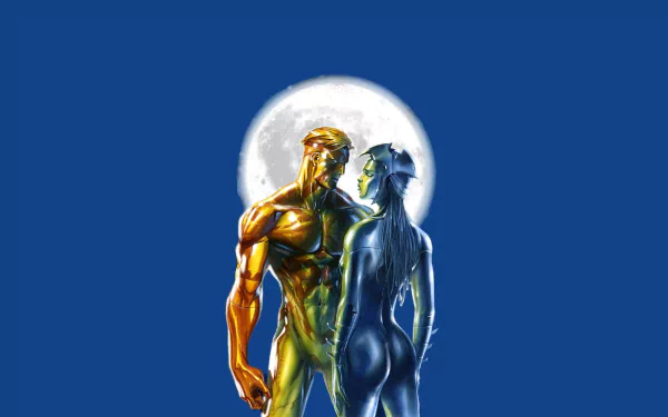 HD PC desktop wallpaper of comic hero Captain Atom in metallic gold facing a blue metallic female figure, moonlit silhouettes against a deep blue background.