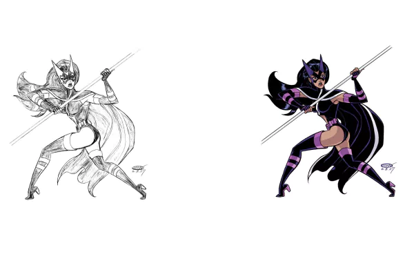 A dynamic digital wallpaper featuring the Huntress from DC Comics in vibrant colors, showcasing her fierce hunting skills with a spear, alongside a black-and-white sketch version.