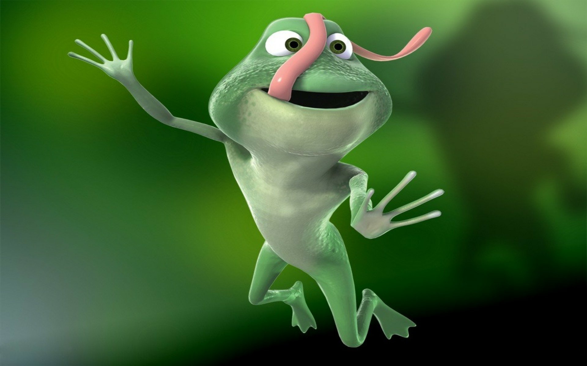 HD PC desktop wallpaper of a cheerful animated frog catching a pink worm with its tongue against a soft green background.