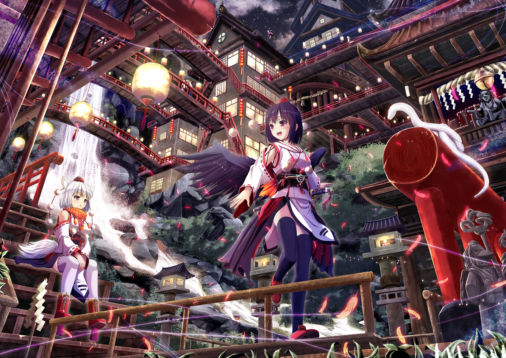 HD PC desktop wallpaper featuring Aya Shameimaru and Momiji Inubashiri from the Touhou anime series, set against a detailed, vibrant traditional Japanese backdrop.