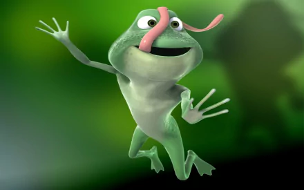 HD PC desktop wallpaper of a cheerful animated frog catching a pink worm with its tongue against a soft green background.