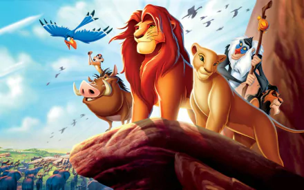 HD wallpaper of Mufasa with Simba and other characters from The Lion King (1994), on a vibrant cliffside scene.