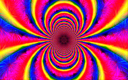 Vibrant psychedelic kaleidoscope design with swirling rainbow colors in an abstract pattern, creating a dynamic HD PC desktop wallpaper background.