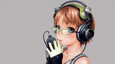 HD anime desktop wallpaper featuring a cute short-haired character wearing glasses, headphones, and a glove, holding a microphone, inspired by Range Murata's style.