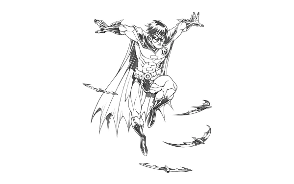 Black and white HD comic-style desktop wallpaper featuring Tim Drake as Robin in mid-air action pose with batarangs.