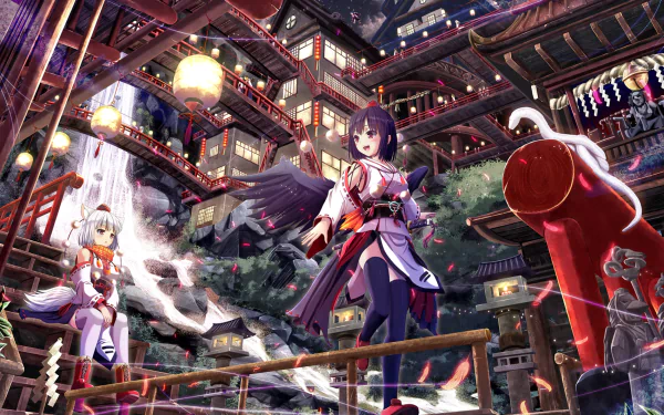 HD PC desktop wallpaper featuring Aya Shameimaru and Momiji Inubashiri from the Touhou anime series, set against a detailed, vibrant traditional Japanese backdrop.