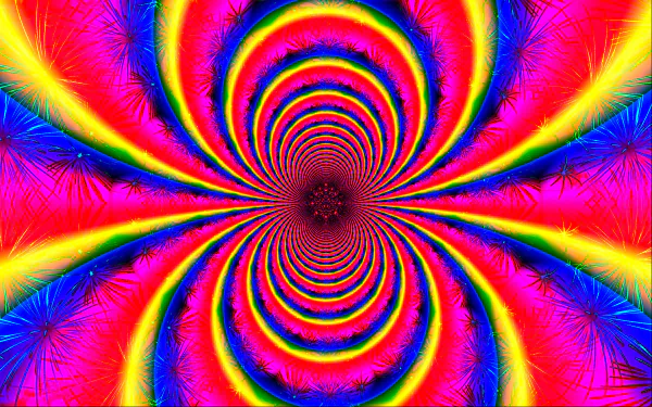 Vibrant psychedelic kaleidoscope design with swirling rainbow colors in an abstract pattern, creating a dynamic HD PC desktop wallpaper background.