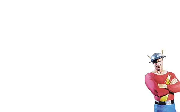 HD PC desktop wallpaper featuring DC Comics' Jay Garrick, the original Flash, comic-style hero in a red shirt and winged helmet standing at the lower-right on a white background.