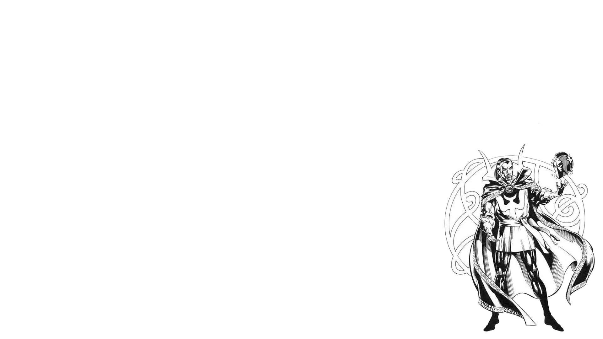 HD desktop wallpaper featuring a black and white comic-style depiction of Doctor Strange, positioned in the bottom-right corner against a white background.