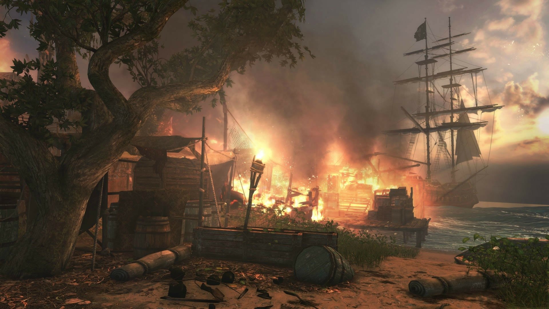 An HD desktop wallpaper from Assassin's Creed IV: Black Flag, depicting a dramatic scene with a burning settlement and a ship in the background.