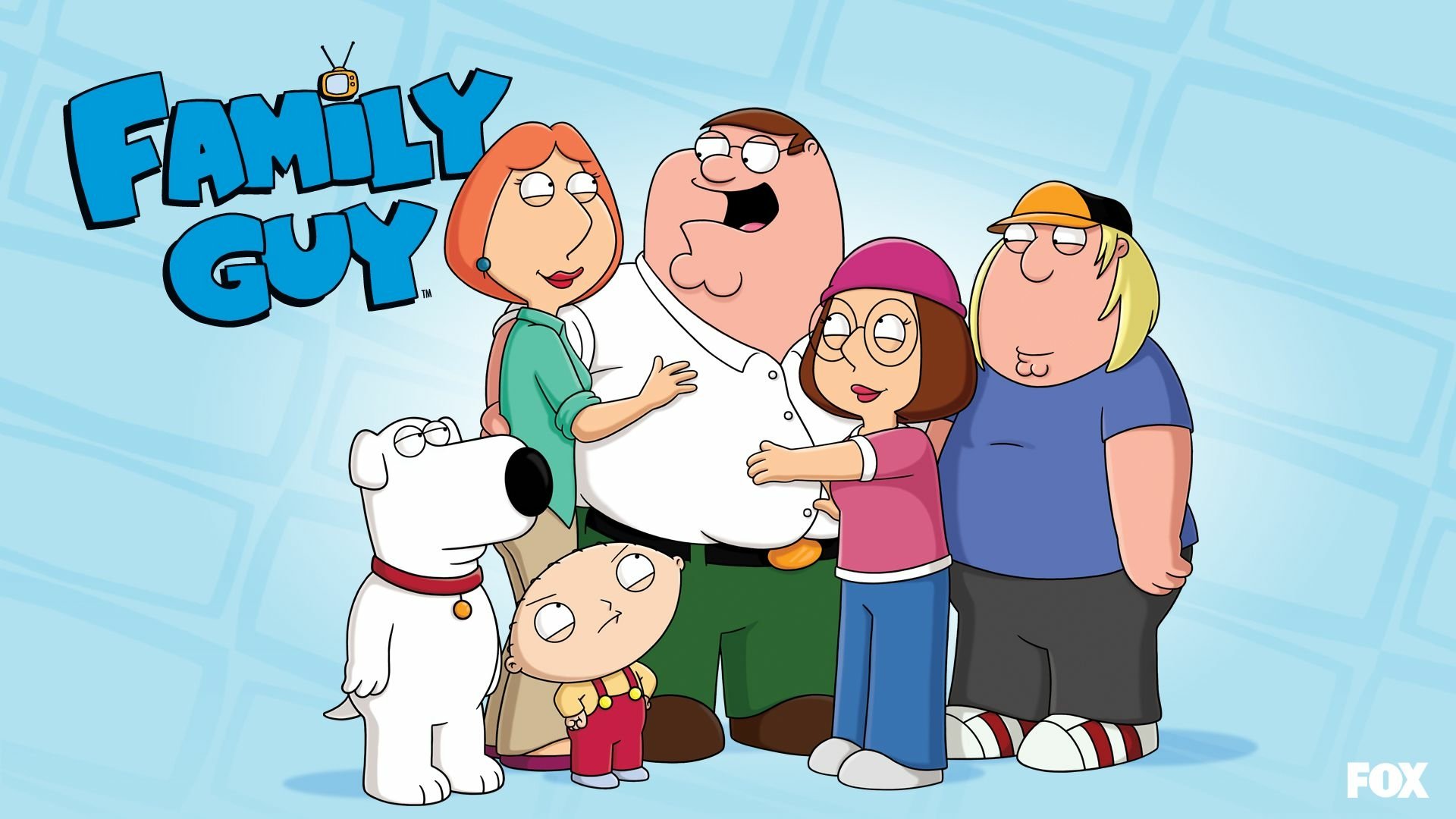 HD PC desktop wallpaper of the TV show Family Guy: Peter, Lois, Meg, Chris, Stewie and Brian grouped under the show logo on a light blue background.