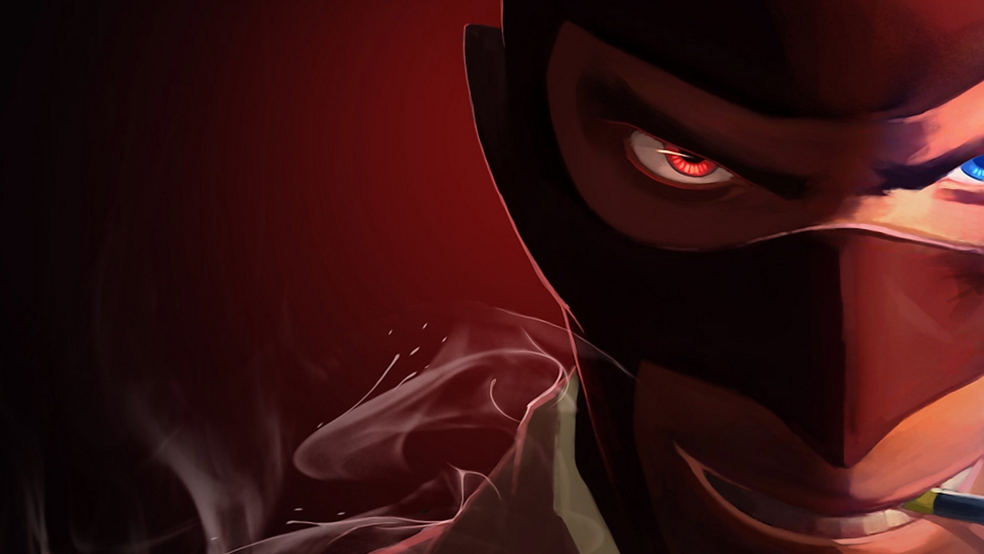 Close-up HD desktop wallpaper of the Spy character from Team Fortress 2, featuring a dark red background and intense glowing eyes.