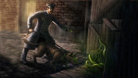 HD desktop wallpaper depicting a detective and dog confronting eerie green tentacles, inspired by H.P. Lovecraft’s Cthulhu mythos and the Call of Cthulhu video game.