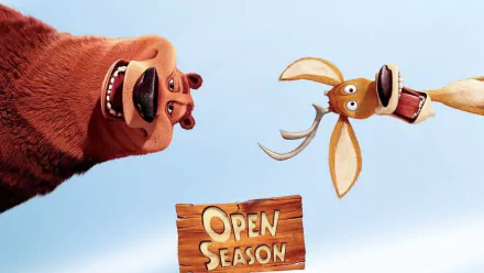 Open Season (2006) movie HD PC desktop wallpaper showing an animated bear and deer peering down at the viewer above a wooden Open Season sign.