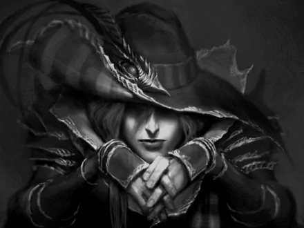 A striking black and white HD wallpaper featuring a character from Anime Vampire Hunter D, showcasing a mysterious figure with a wide-brimmed hat and intricate attire.
