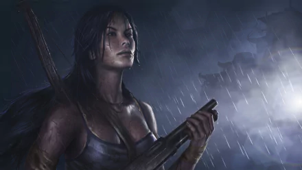 Lara Croft stands confidently in the rain, holding her weapon, captured in stunning detail as a 4K Ultra HD wallpaper for the iconic video game Tomb Raider.