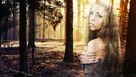 Artistic HD PC desktop wallpaper by saiverxdesigns: ghostly woman model blended into a sunlit forest of tall woods, moody design background.