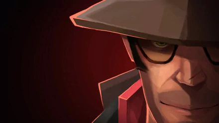 HD PC desktop wallpaper featuring a close-up of the Sniper character from the video game Team Fortress 2 with a dark red background.