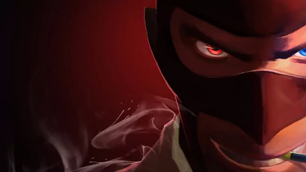 Close-up HD desktop wallpaper of the Spy character from Team Fortress 2, featuring a dark red background and intense glowing eyes.