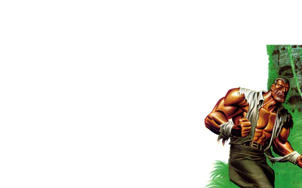 Comic-style Doc Savage at right, torn shirt revealing a muscular torso beside a green textured panel on a white field — HD PC desktop wallpaper background.