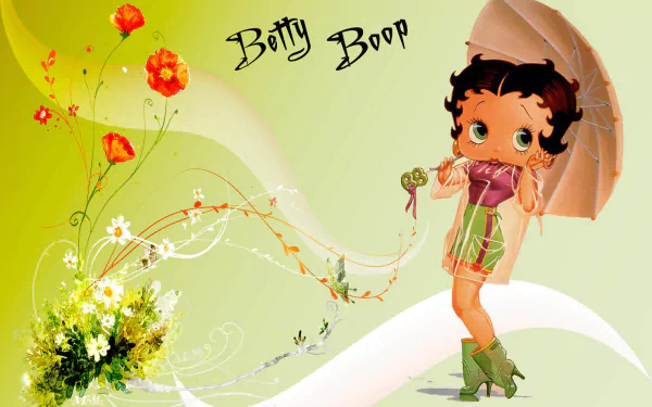 HD PC desktop wallpaper featuring Betty Boop from the TV show, standing with a parasol amidst flowers on a soft green background with her name above.