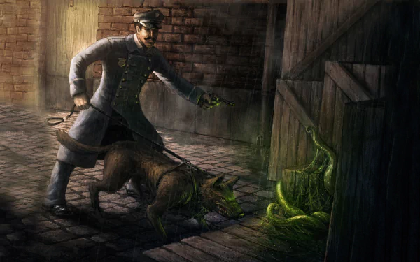 HD desktop wallpaper depicting a detective and dog confronting eerie green tentacles, inspired by H.P. Lovecraft’s Cthulhu mythos and the Call of Cthulhu video game.
