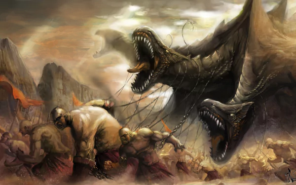 A dramatic fantasy scene depicting powerful creatures with multiple heads, surrounded by warriors in a chaotic battle, designed as an 8K Ultra HD desktop wallpaper and background.