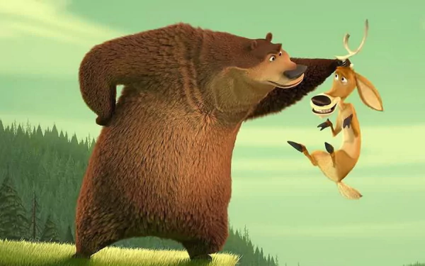 HD desktop wallpaper from Open Season (2006) movie showing a bear holding a startled deer by the antler in a forest setting.