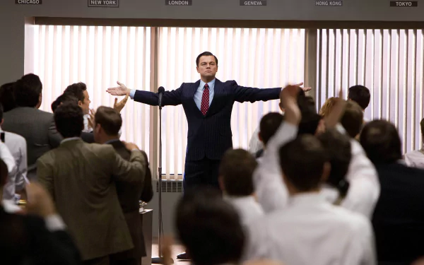 HD wallpaper of Leonardo DiCaprio as Jordan Belfort in The Wolf of Wall Street, confidently addressing a crowd.