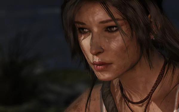 HD desktop wallpaper featuring a close-up of Lara Croft from the video game Tomb Raider, showing detailed facial graphics and intense expression.
