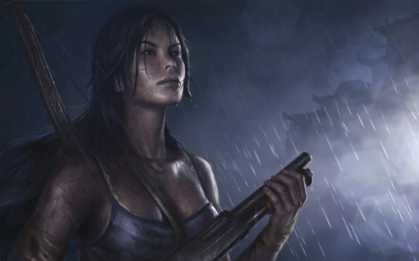 Lara Croft stands confidently in the rain, holding her weapon, captured in stunning detail as a 4K Ultra HD wallpaper for the iconic video game Tomb Raider.