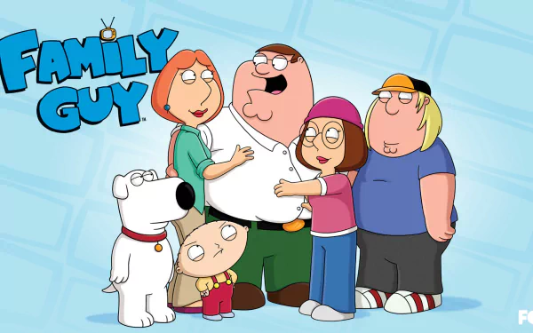 HD PC desktop wallpaper of the TV show Family Guy: Peter, Lois, Meg, Chris, Stewie and Brian grouped under the show logo on a light blue background.